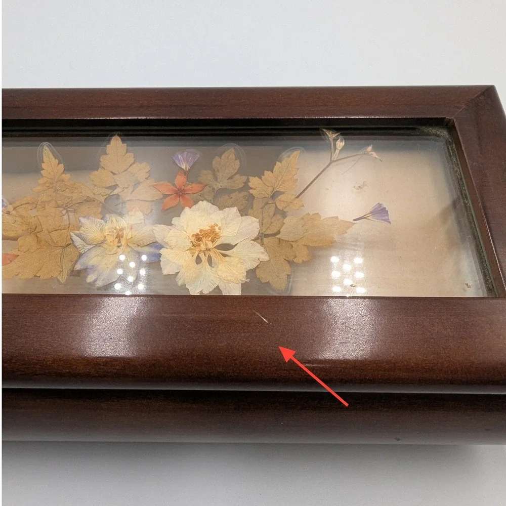Vintage Wood Music Jewelry Box Brown Dried Flower Glass Inset Brass Feet Works